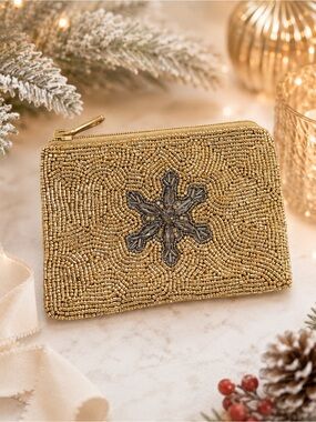 Gold Beaded Snowflake Zip Pouch